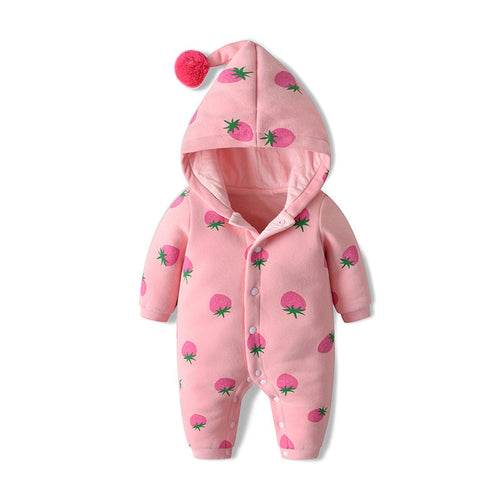 Baby Girl Strawberries Pattern Button Front Double Quilted Romper With