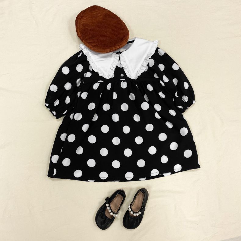 Baby Girls Polka Dot Print Turn-Down Collar Design Pull Sleeved Dress