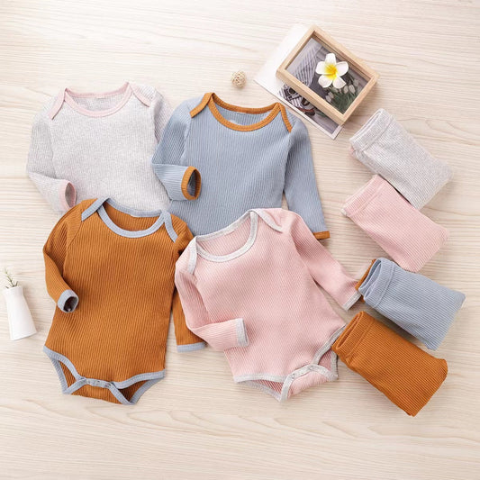 Baby Ribbed Knitted Pattern Solid Color Onesies Combo Trousers Sets