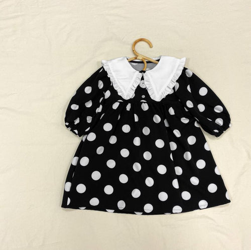 Baby Girls Polka Dot Print Turn-Down Collar Design Pull Sleeved Dress