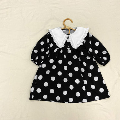 Baby Girls Polka Dot Print Turn-Down Collar Design Pull Sleeved Dress