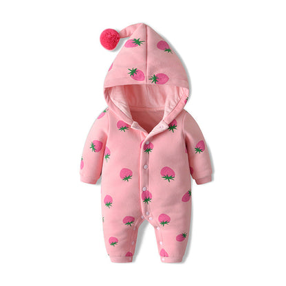 Baby Girl Strawberries Pattern Button Front Double Quilted Romper With