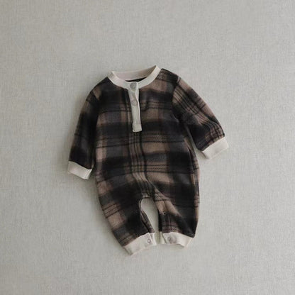 Baby Fashion Plaid Pattern Thin Fleece Autumn Romper