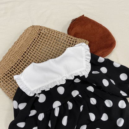 Baby Girls Polka Dot Print Turn-Down Collar Design Pull Sleeved Dress