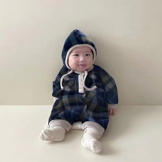 Baby Fashion Plaid Pattern Thin Fleece Autumn Romper