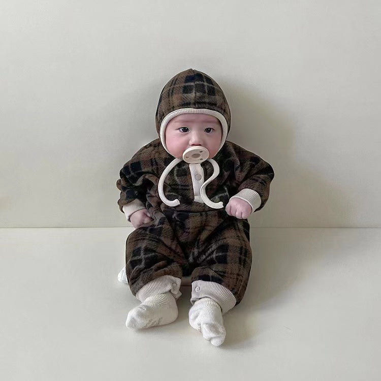Baby Fashion Plaid Pattern Thin Fleece Autumn Romper