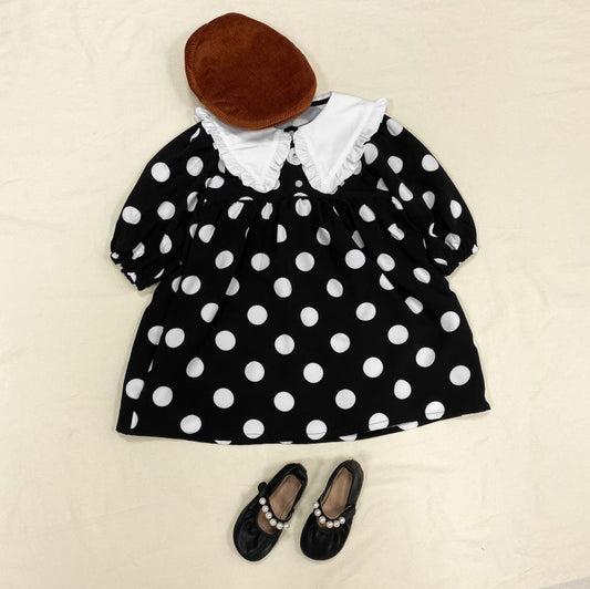 Baby Girls Polka Dot Print Turn-Down Collar Design Pull Sleeved Dress