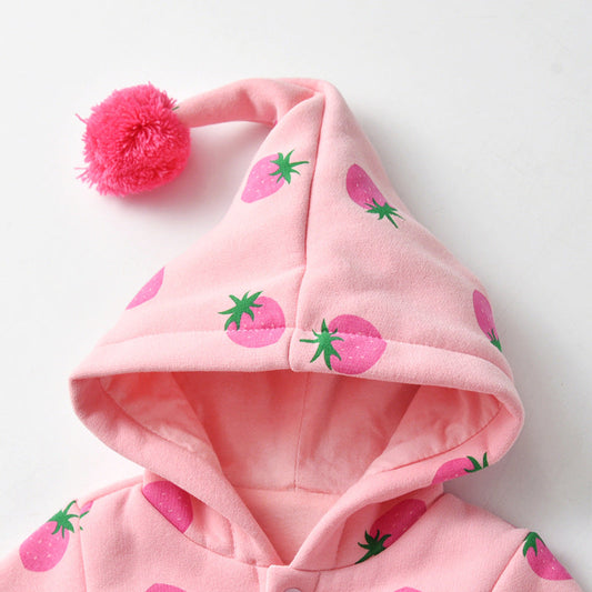 Baby Girl Strawberries Pattern Button Front Double Quilted Romper With