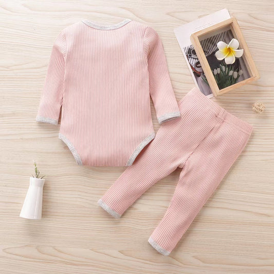 Baby Ribbed Knitted Pattern Solid Color Onesies Combo Trousers Sets