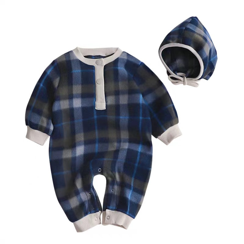 Baby Fashion Plaid Pattern Thin Fleece Autumn Romper